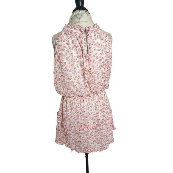 Womens Halter Sleeveless Mini Dress L Pink White Floral Ruffle Resort Fairycore - Picture 2 of 5